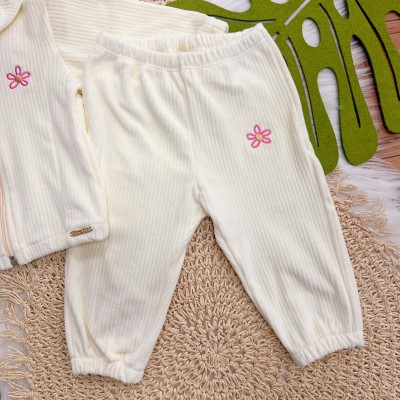 Conj. Jaqueta e Calça em Soft Canelado com Flor Bordada - Off White